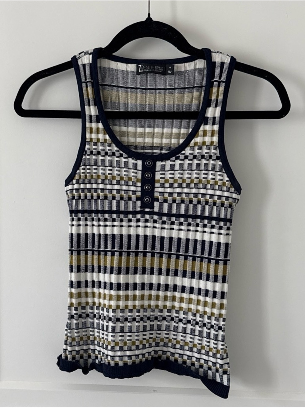 New York & Company Navy, White & Olive Striped Ribbed Tank